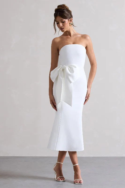 Women's Lapel Collar DressesTo Me | White Bandeau Midi Dress With Oversized Bow