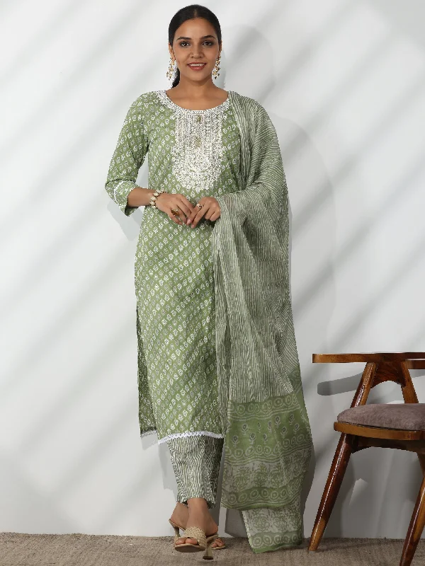 Women's Jumpsuits with DrawstringGreen Printed Cotton Straight Suit With Dupatta