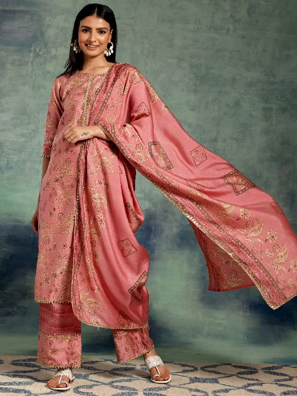 Women's Jumpsuits with Keyhole CollarPink Printed Silk Blend Straight Suit With Dupatta