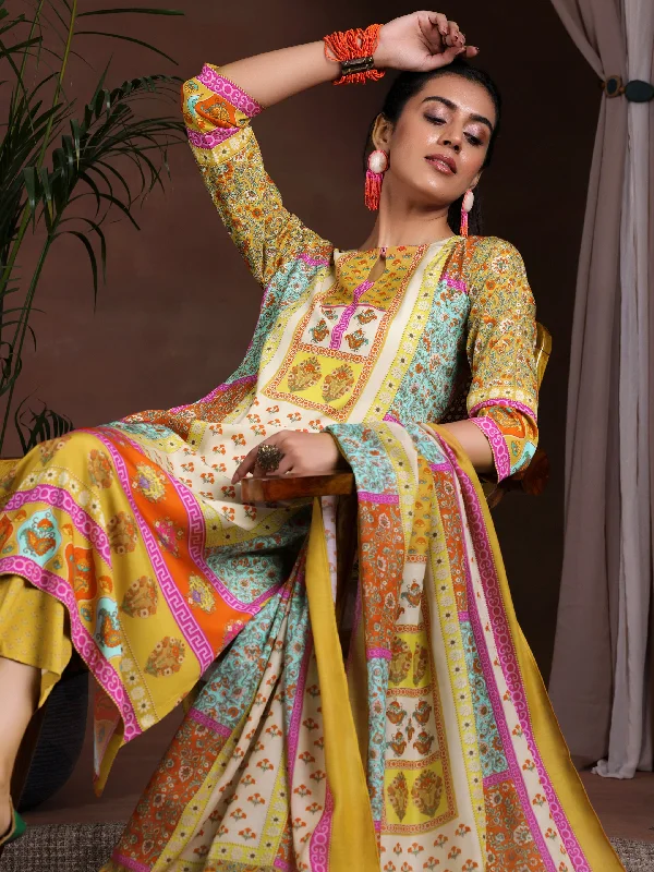 Women's Jumpsuits with Rounded CollarMustard Printed Poly Crepe Straight Suit With Dupatta