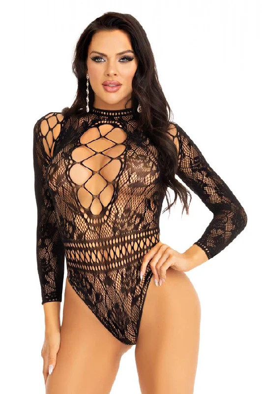 high-waisted shapewear shorts with power mesh for firmnessHigh Neck Lace and Net Keyhole Back Bodysuit