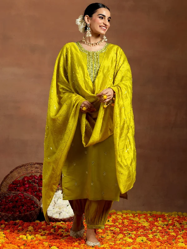 Women's Jumpsuits with Cropped LengthLime Green Embroidered Silk Blend Straight Suit With Dupatta