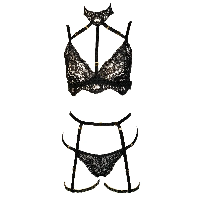 plus-size wireless braLady of the Night lace lingerie set with crotchless panties and garters black