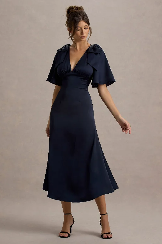 Women's Rounded Collar DressesDanna | Navy Satin V-Neck Short-Sleeve Midi Dress