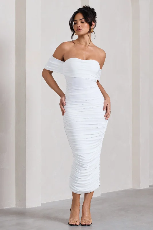 Women's U-Shaped-Neck DressesLost For Words | White Bardot Ruched Draped Midi Dress