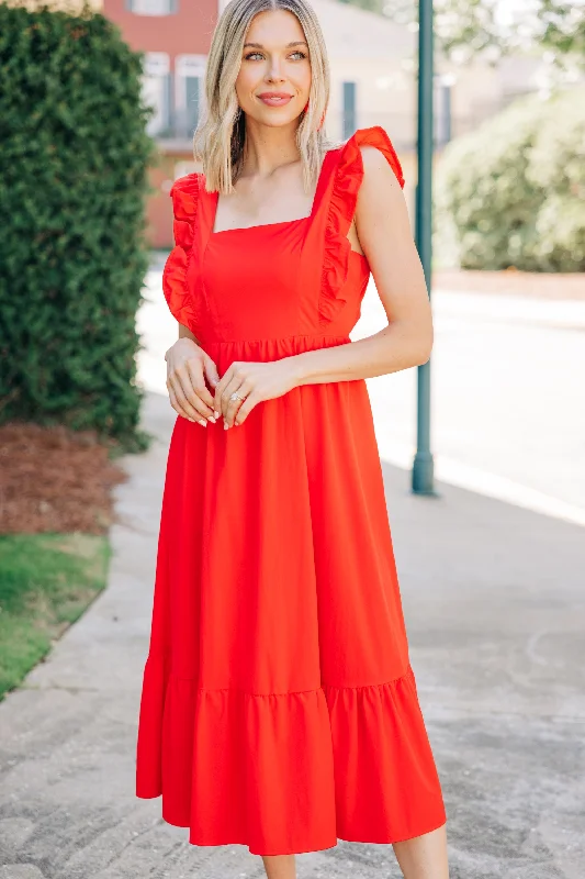 Women's Sweetheart-Neck DressesWhat You're Looking For Coral Red Ruffled Midi Dress