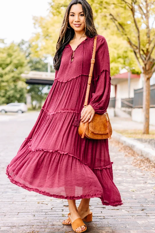 Women's Mandarin Collar DressesMoving On Wine Red Tired Midi Dress