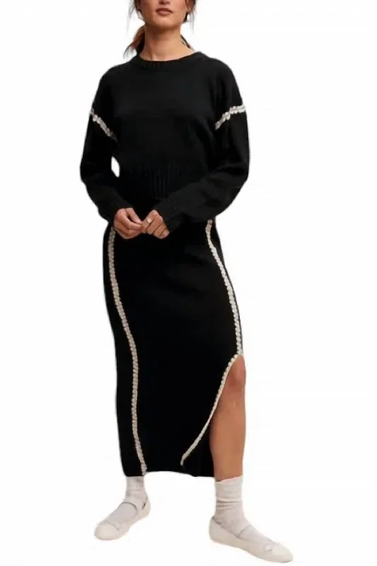 Women's Pleated SkirtsContrast Stitch Knit Sweater And Long Skirt Set In Black