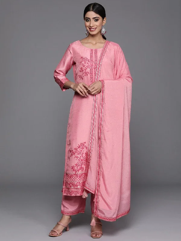 Women's Jumpsuits with Lapel CollarPink Woven Design Silk Blend Straight Kurta With Trousers & Dupatta