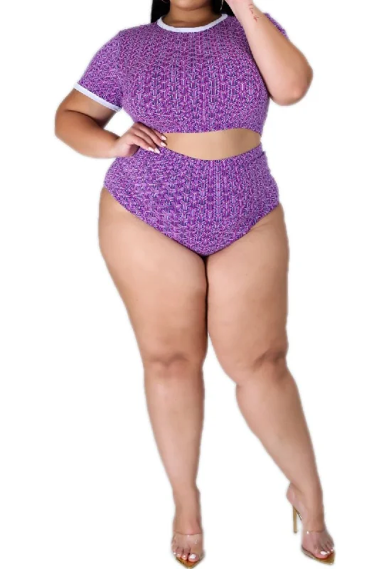 Final Sale Plus Size 2-Piece Poolside Playsuit (Top & Bottom) in Purple Puzzle Print