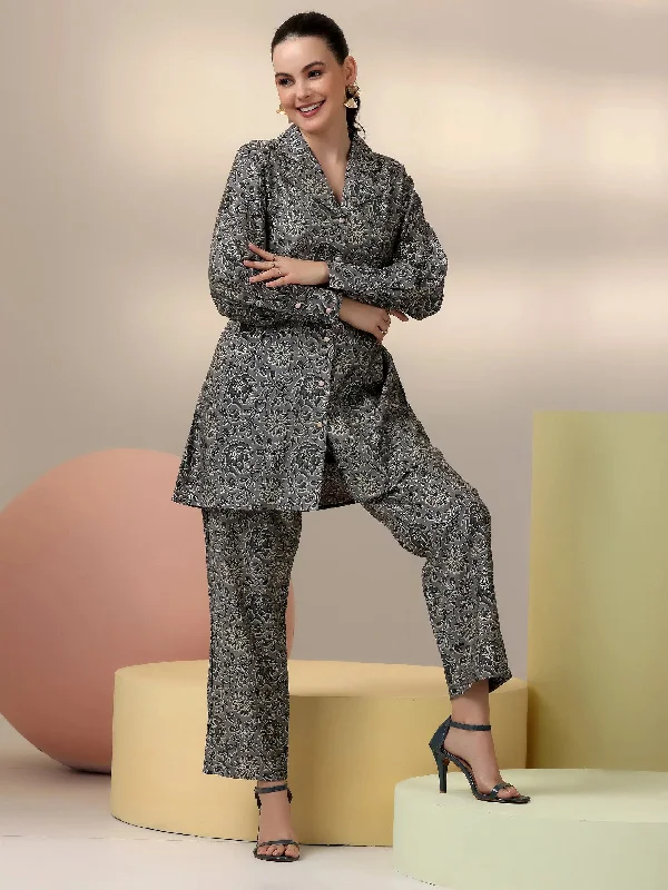 Women's Jumpsuits with Peter Pan CollarGrey Printed Silk Blend Co-Ords