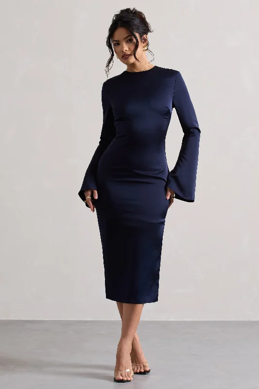 Women's Square Collar DressesZaina | Navy Long Sleeve Midi Dress with High Neckline