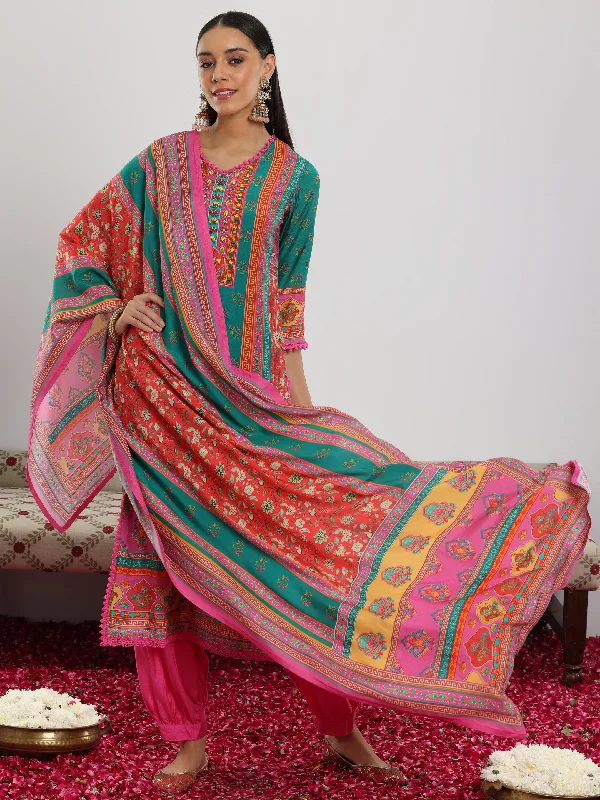 Women's Jumpsuits with Lapel CollarMulti Printed Silk Blend Straight Suit With Dupatta