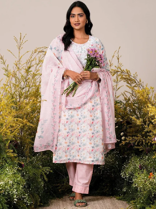 Women's Jumpsuits with V-Shaped CollarPink Printed Linen Straight Suit With Dupatta