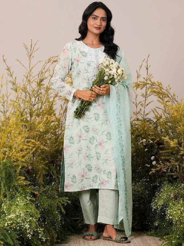 Women's Jumpsuits with Sweetheart NeckGreen Printed Linen Straight Suit With Dupatta