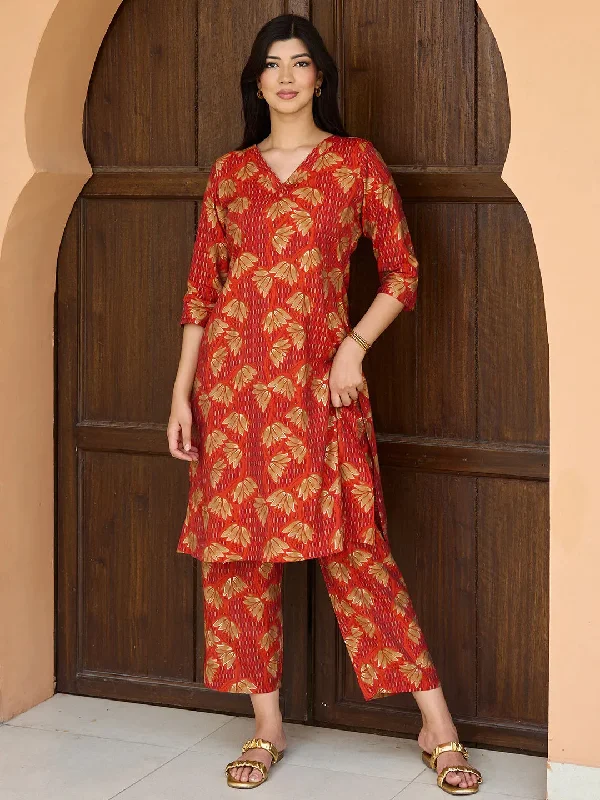 Women's Jumpsuits with Boat CollarOrange Printed Silk Blend Co-Ords