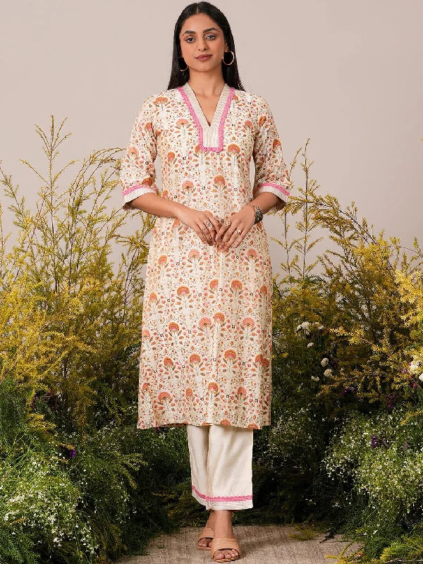 Women's Jumpsuits with Rounded CollarBeige Printed Chanderi Silk A-Line Kurta With Palazzos