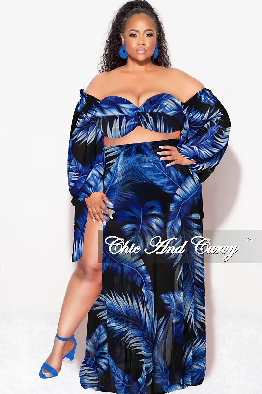 Final Sale Plus Size 3pc Playsuit Set in Royal Blue Tropical Palm Print