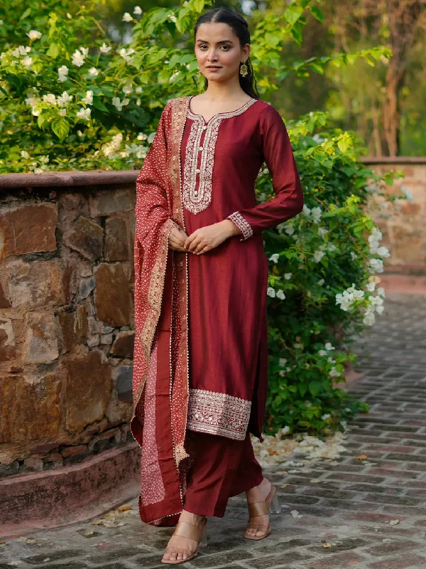 Women's Jumpsuits with Cropped LengthMaroon Embroidered Silk Blend Straight Suit With Dupatta