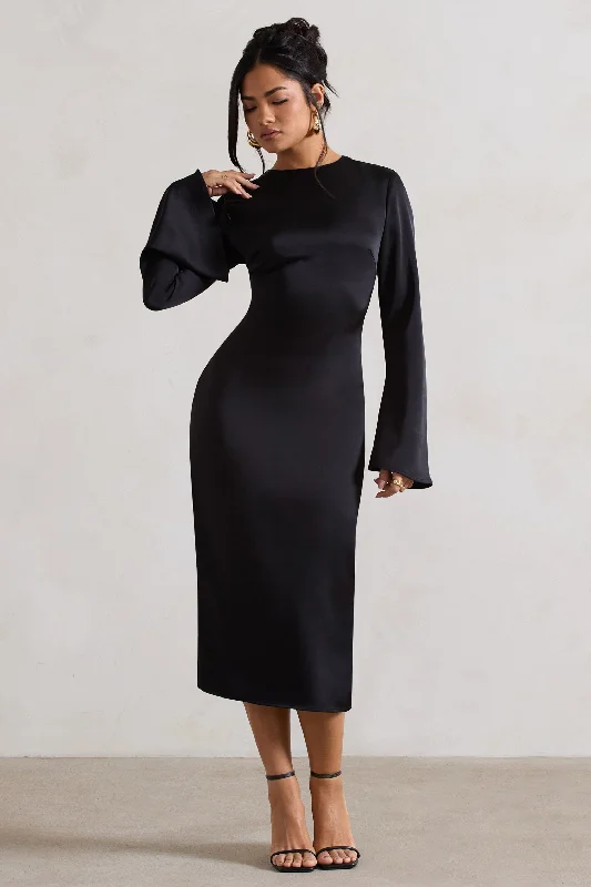 Women's Lapel Collar DressesZaina | Black Long Sleeve Midi Dress with High Neckline