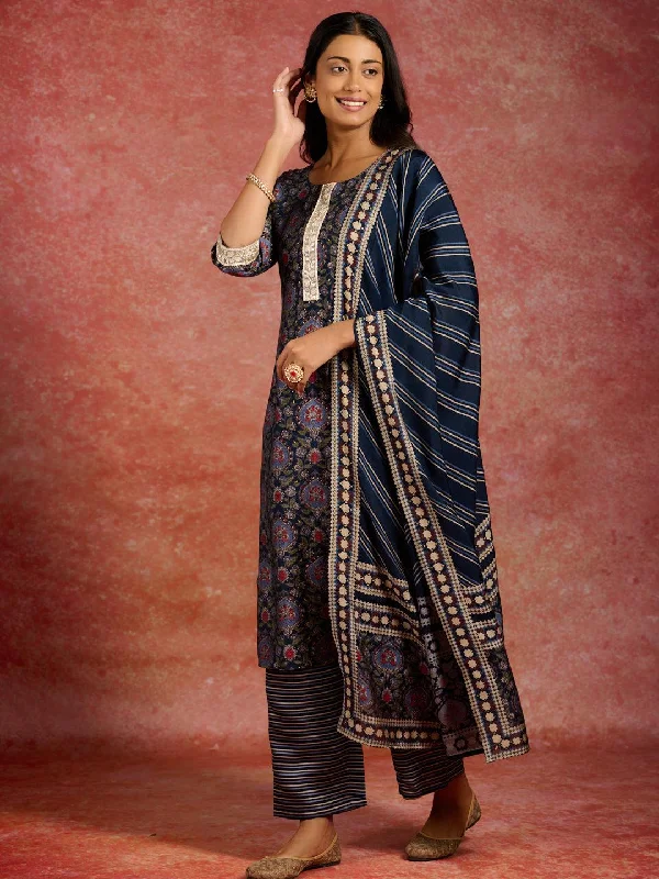 Women's Jumpsuits with Wide CollarBlue Printed Silk Blend Straight Suit With Dupatta