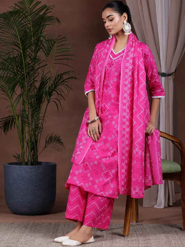 Women's Jumpsuits with Shawl CollarPink Printed Cotton Straight Suit With Dupatta