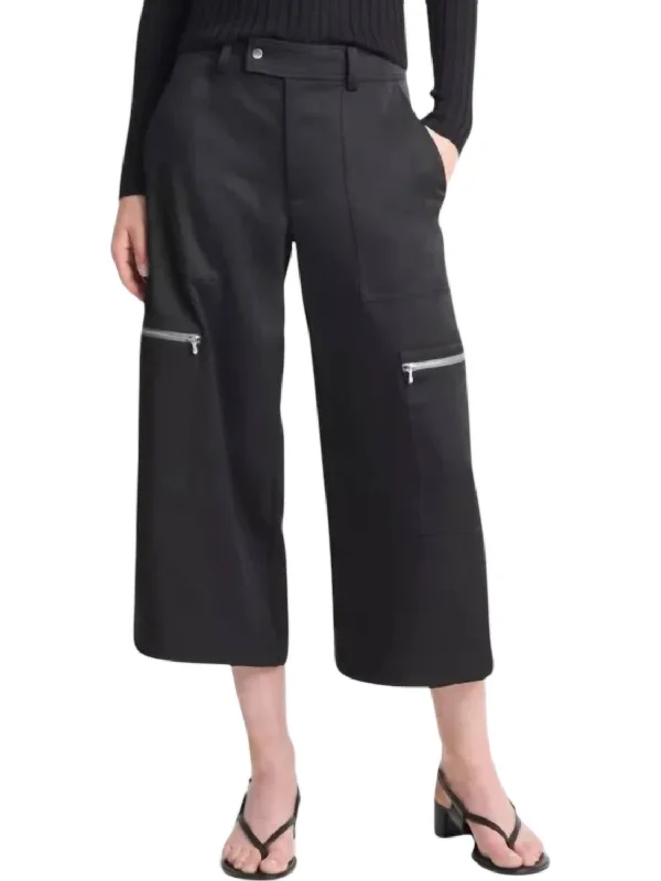 Women's Jodhpurs with Keyhole CollarLow Rise Satin Parachute Crop Pants In Black