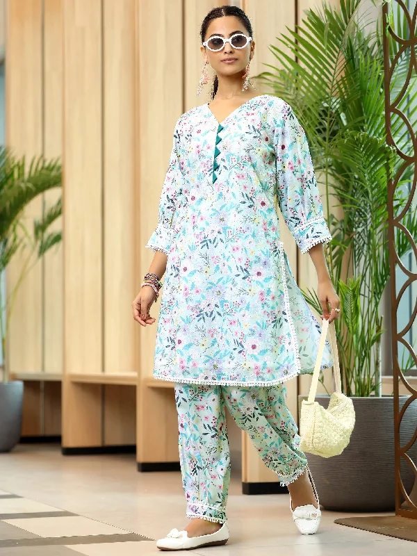 Women's Jumpsuits with ZipperBlue Printed Cotton Straight Kurta Set