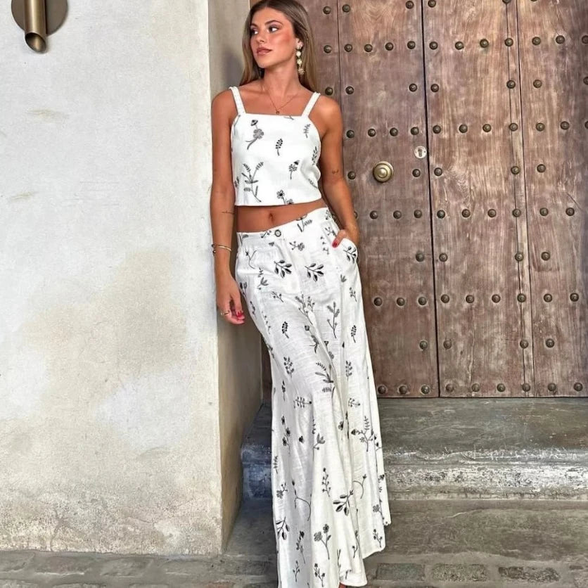 Women's Maxi SkirtsFashionSierra-Floral Embroidery  Crop Top  Maxi Skirt  Suit  Women  Vintage  Sleeveless  Summer  Set  Beach  Vestidos Boho Dress