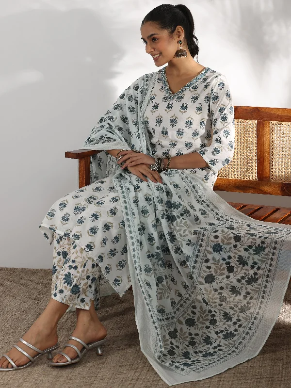 Women's Jumpsuits with Notched CollarWhite Printed Cotton Straight Suit With Dupatta