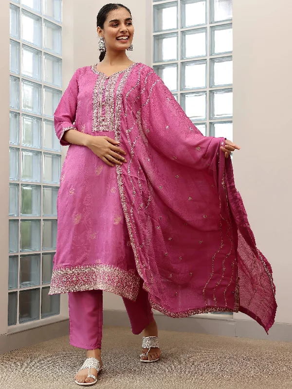 Women's Long-Sleeve JumpsuitsMauve Woven Design Silk Blend Straight Suit With Dupatta