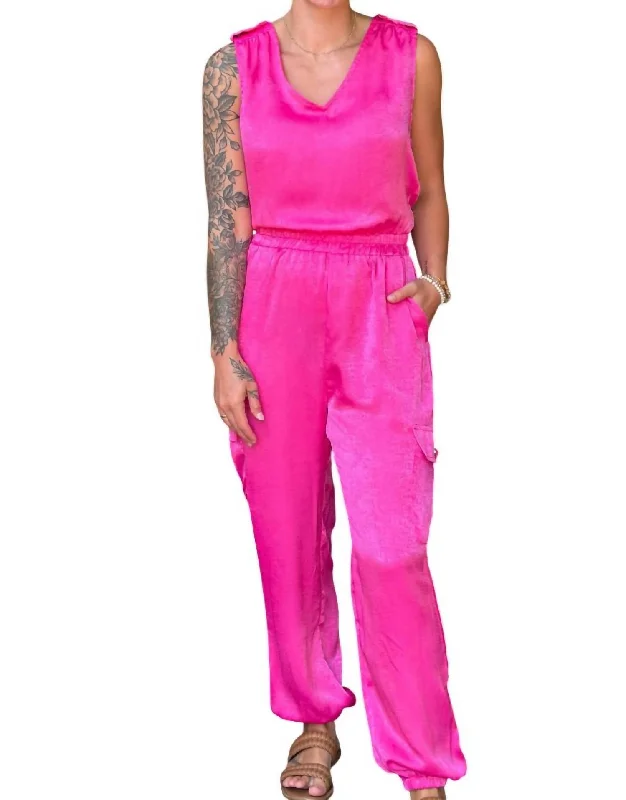 Women's Harem ShortsSatin Tapped Cargo Jumpsuit In Hot Pink