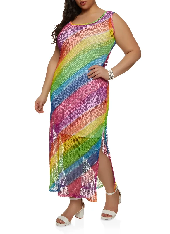 Women's Asymmetrical DressesPlus Size Fishnet Rainbow Striped Tank Maxi Dress