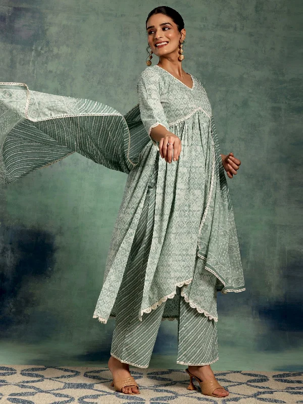 Women's Jumpsuits with V-Shaped HemGreen Printed Cotton A-Line Kurta With Palazzos & Dupatta