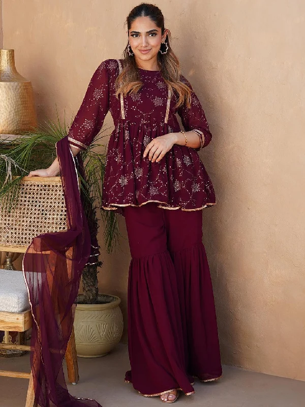 Women's Jumpsuits with Wide CollarWine Embroidered Georgette A-Line Sharara Suit Set With Dupatta