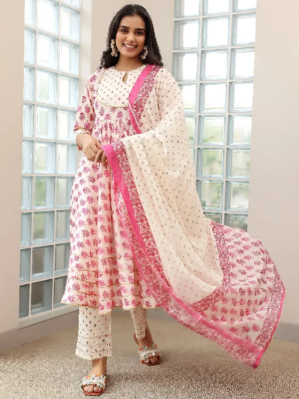 Women's Jumpsuits with Notched CollarPink Printed Cotton Anarkali Suit With Dupatta