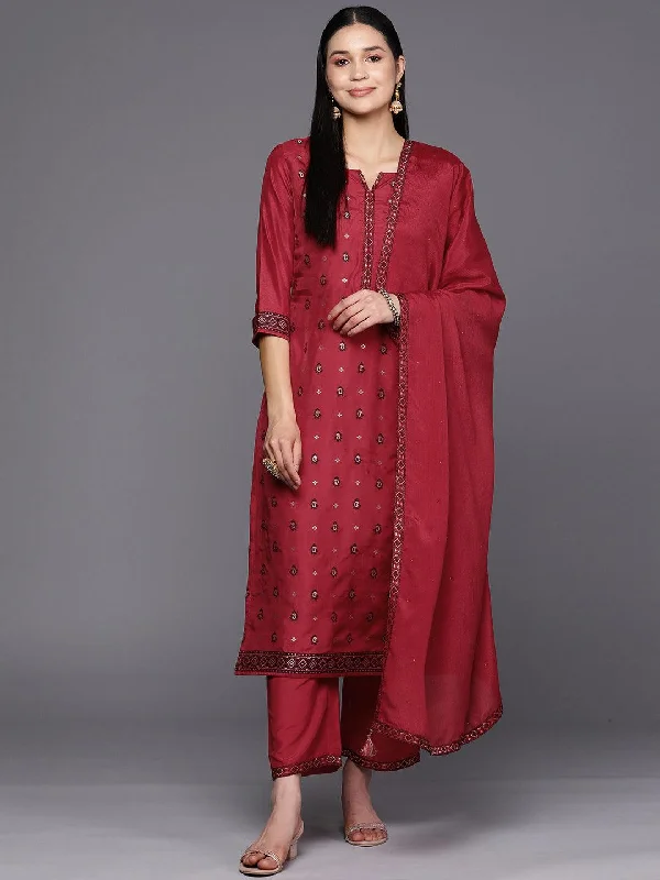 Women's Jumpsuits with Wide CollarRed Self Design Silk Blend Straight Kurta With Trousers & Dupatta