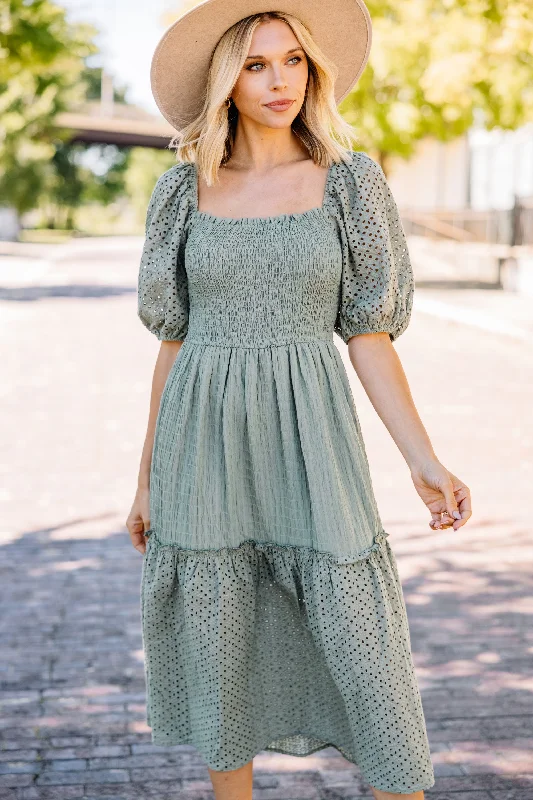 Women's Round-Neck DressesWant It All Sage Green Eyelet Midi Dress