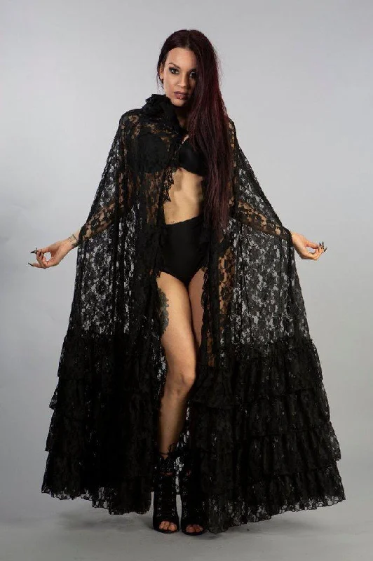 Women's Hooded Sweatshirts with ButtonsMademoiselle Hooded Cape In Black Lace