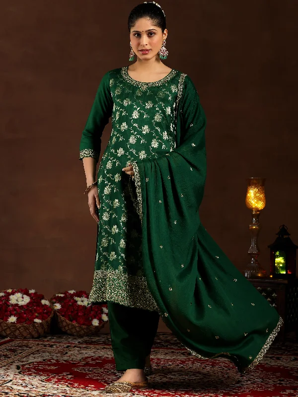 Women's Jumpsuits with Peter Pan CollarGreen Woven Design Silk Blend Straight Suit With Dupatta