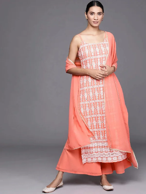 Women's Jumpsuits with Mid WaistCoral Embroidered Georgette Straight Kurta With Palazzos & Dupatta