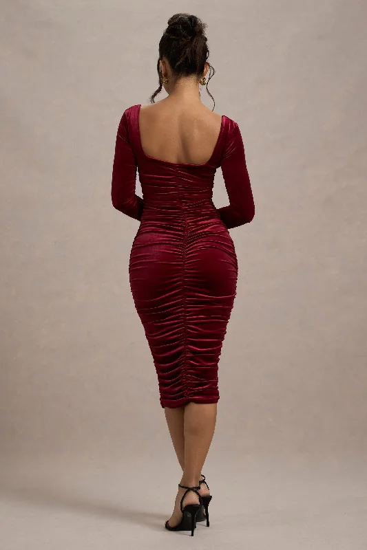 Women's Low Collar DressesSeductress | Berry Velvet Square Neck Bodycon Midi Dress With Long Sleeves