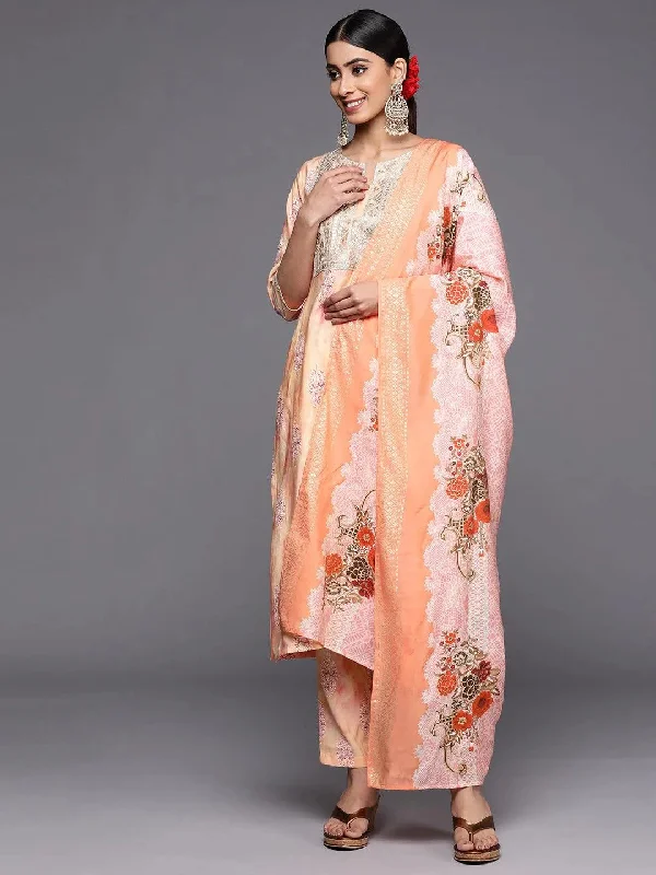 Women's Jumpsuits with V-Shaped CollarPeach Yoke Design Silk Blend Pakistani Suit