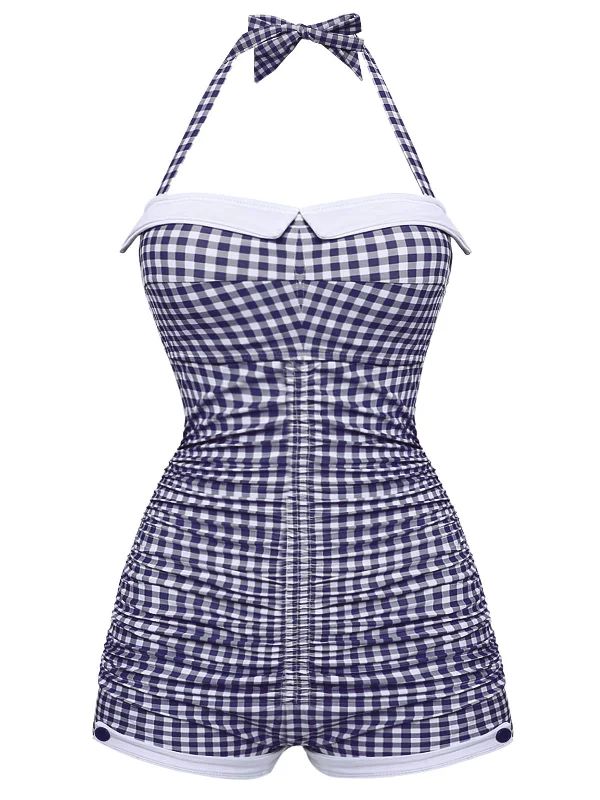 Gingham 1950s Halter Bowknot One-piece Swimsuit