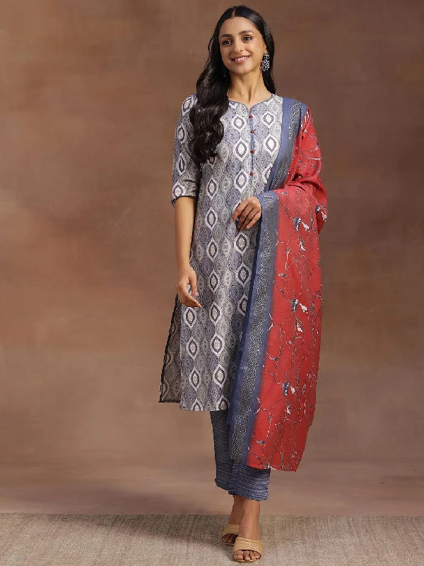 Women's Jumpsuits with Rounded CollarGrey Printed Silk Blend Straight Suit With Dupatta