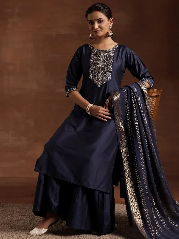 Women's Jumpsuits with Keyhole CollarBlue Yoke Design Silk Blend Straight Suit With Dupatta