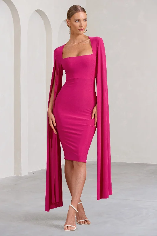 Women's Notched Collar DressesFlawless | Hot Pink Square Neck Midi Dress With Cape Sleeves