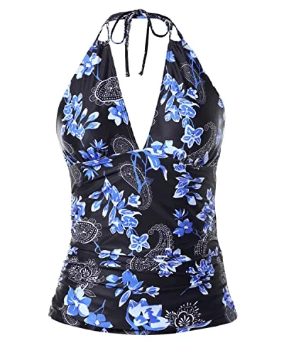 Women's Tummy Control Halter Tankini Tops V Neck Swim Tops Bathing Suits