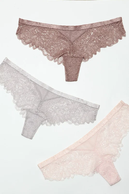 lightweight mesh panties with a lace overlay for a romantic touchBeWicked Wren Low Rise Cheeky 3 Pack Panties Peach Light Gray Pink