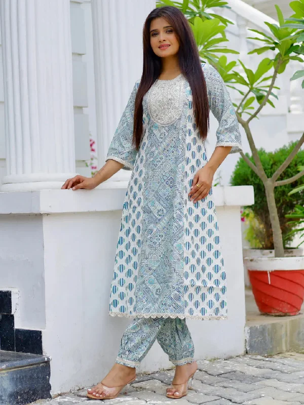 Women's Jumpsuits with DrawstringBlue Printed Silk Blend A-Line Kurta With Salwar